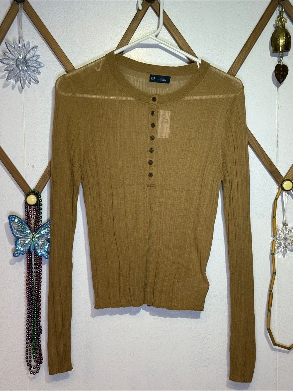 GAP Tan Ribbed Long-Sleeve Henley Top